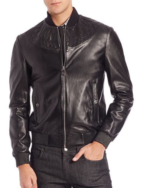 versace black leather bomber jacket|Versace bomber jackets men's sale.